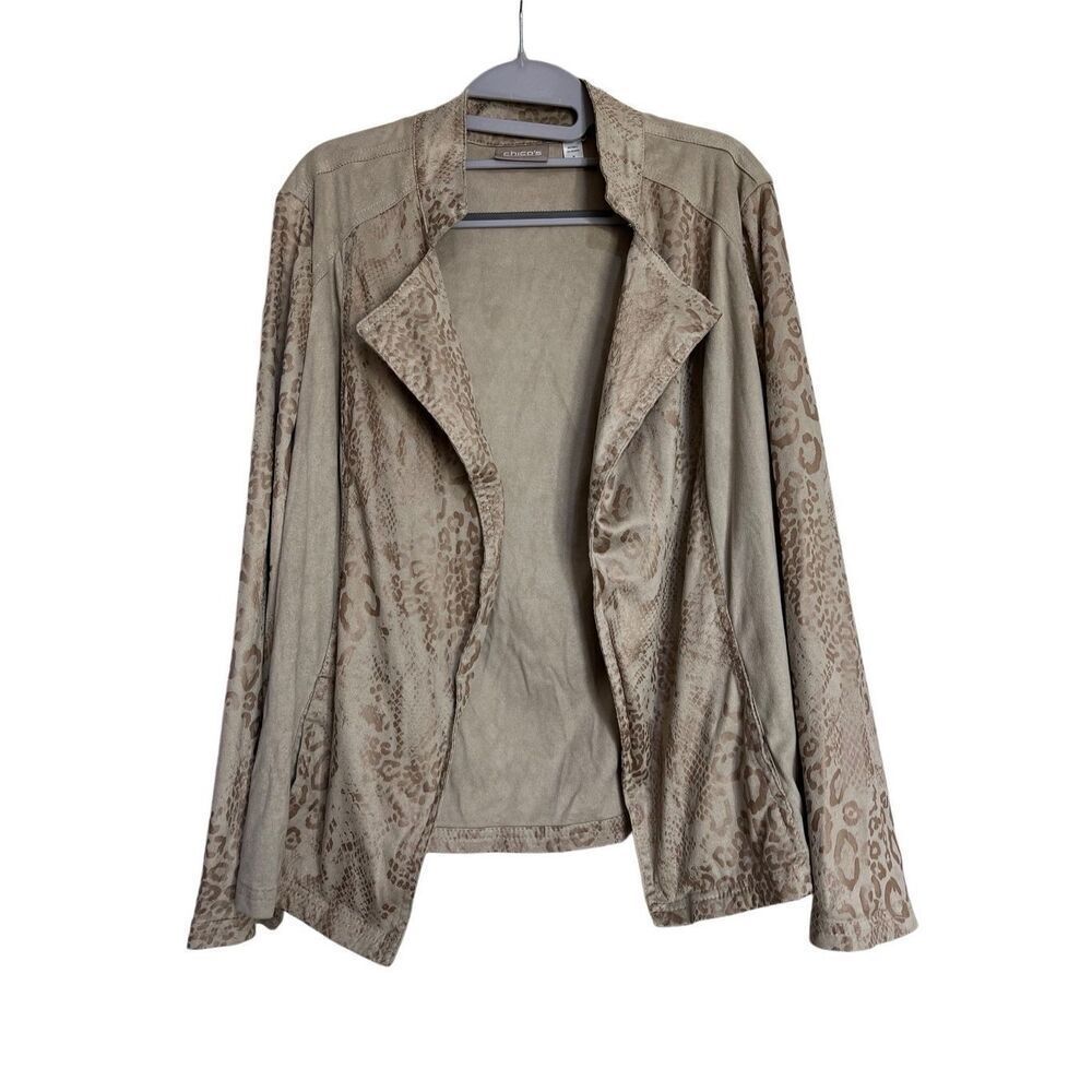 Chicos Jacket Womens Size XS‎ Taupe Leopard Print Faux Suede Jacket Cottagecore